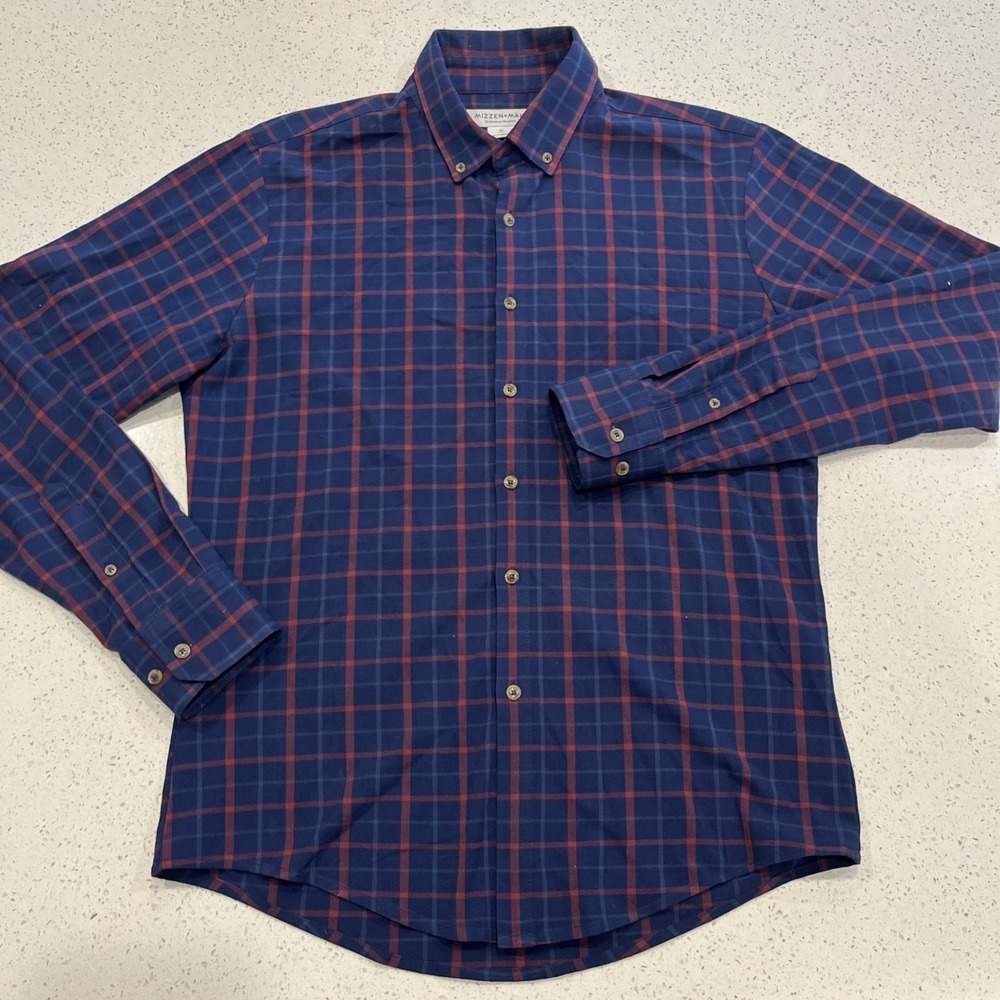 Mizzen Main City Flannel Shirt Mens Medium Blue Red Plaid Trim Fit Button Front
